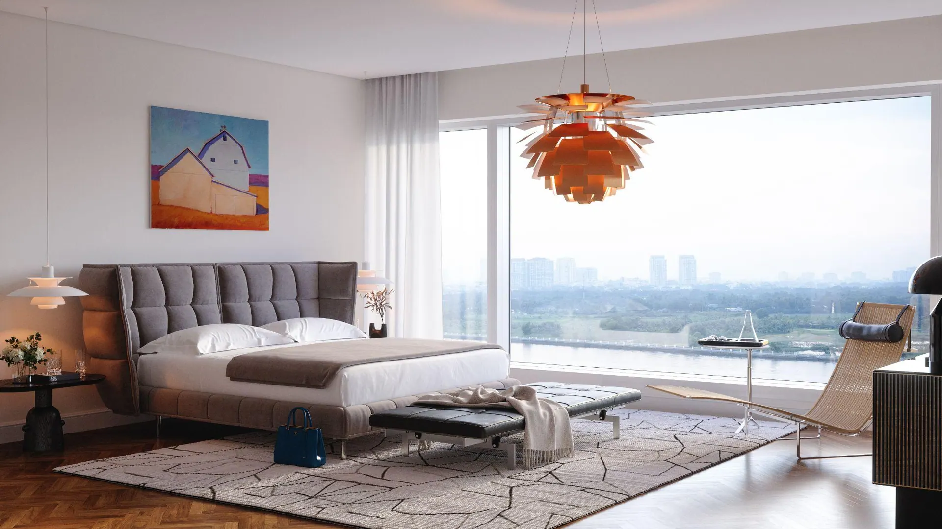 A residence bedroom with a copper pendant and city views