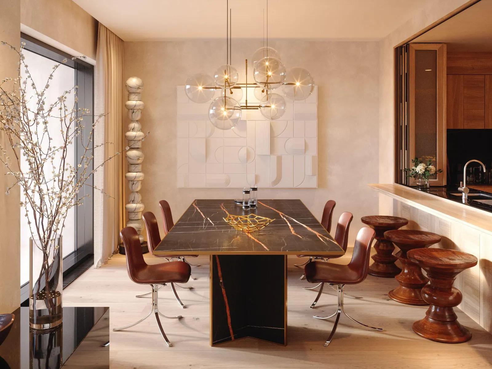 A dining room with a marble table and leather chairs