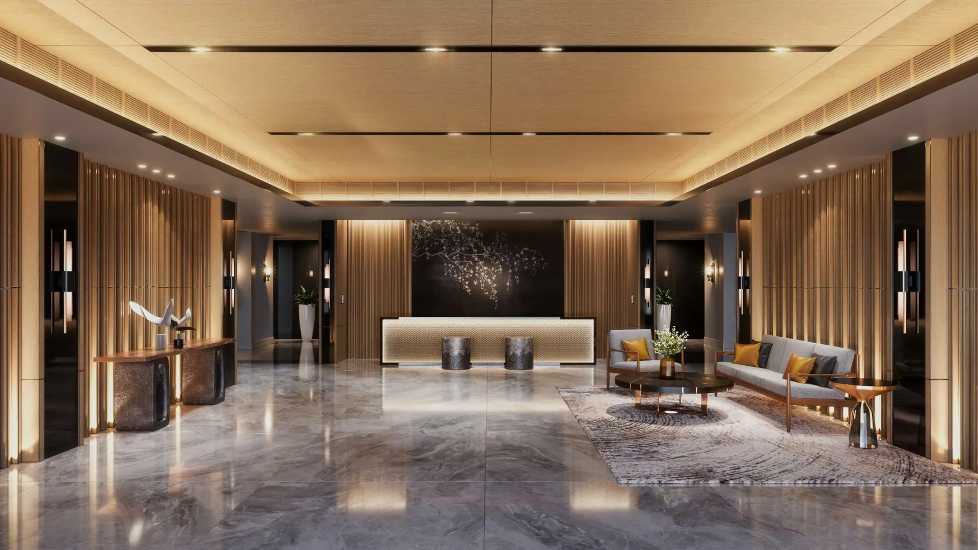 The Albany lobby and reception lined in timber and marble