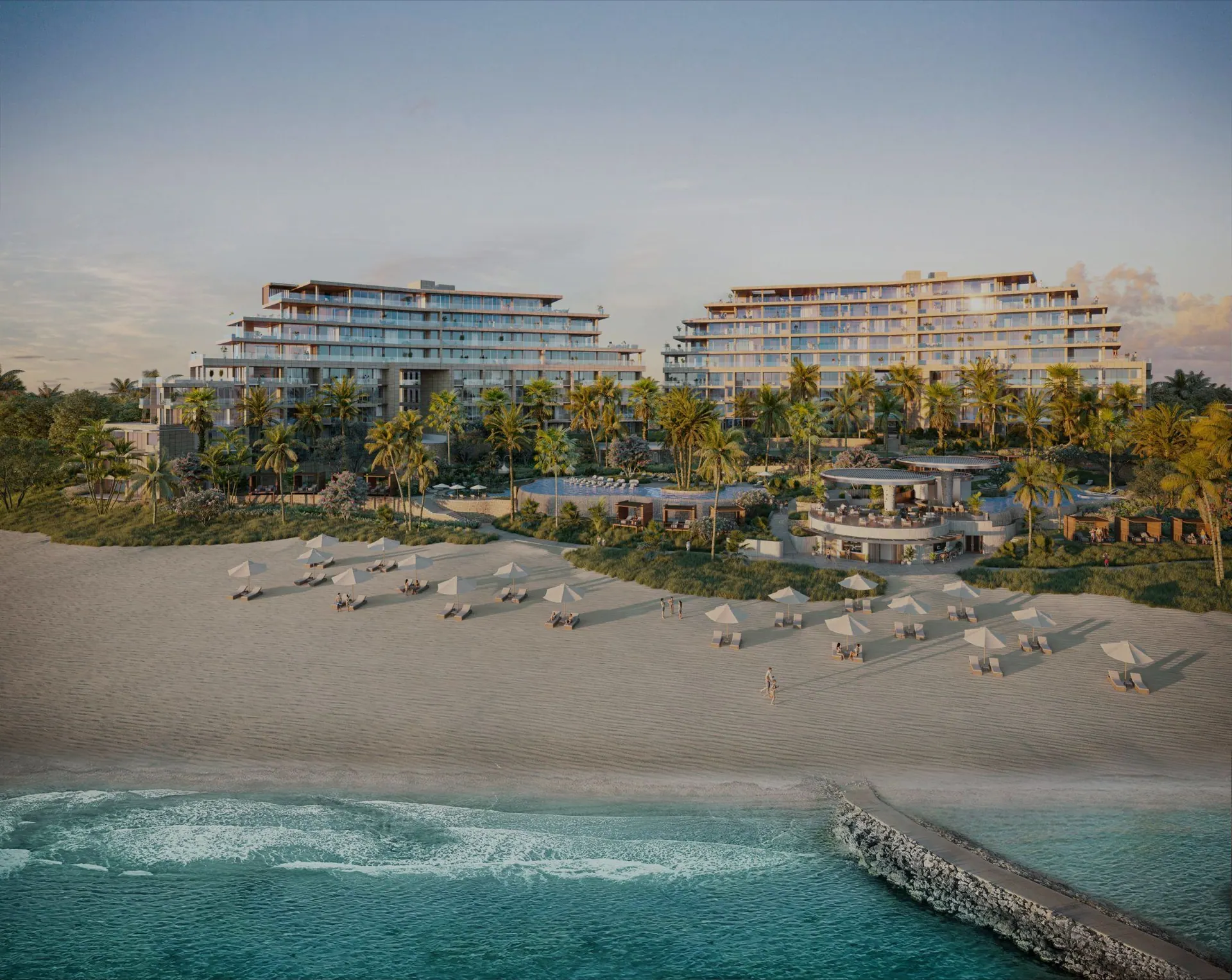 The Atlantic Club from the beach with the boardwalk and sea