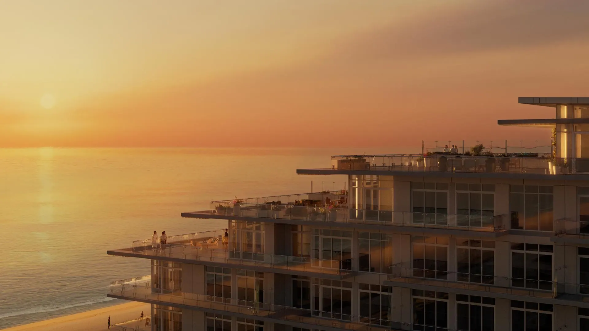 Stepped terraces looking over the Atlantic at sunset