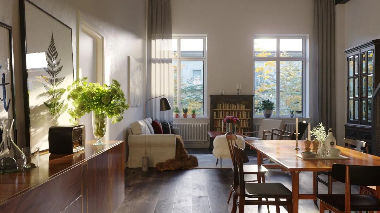 A sunlit living and dining room with tall windows