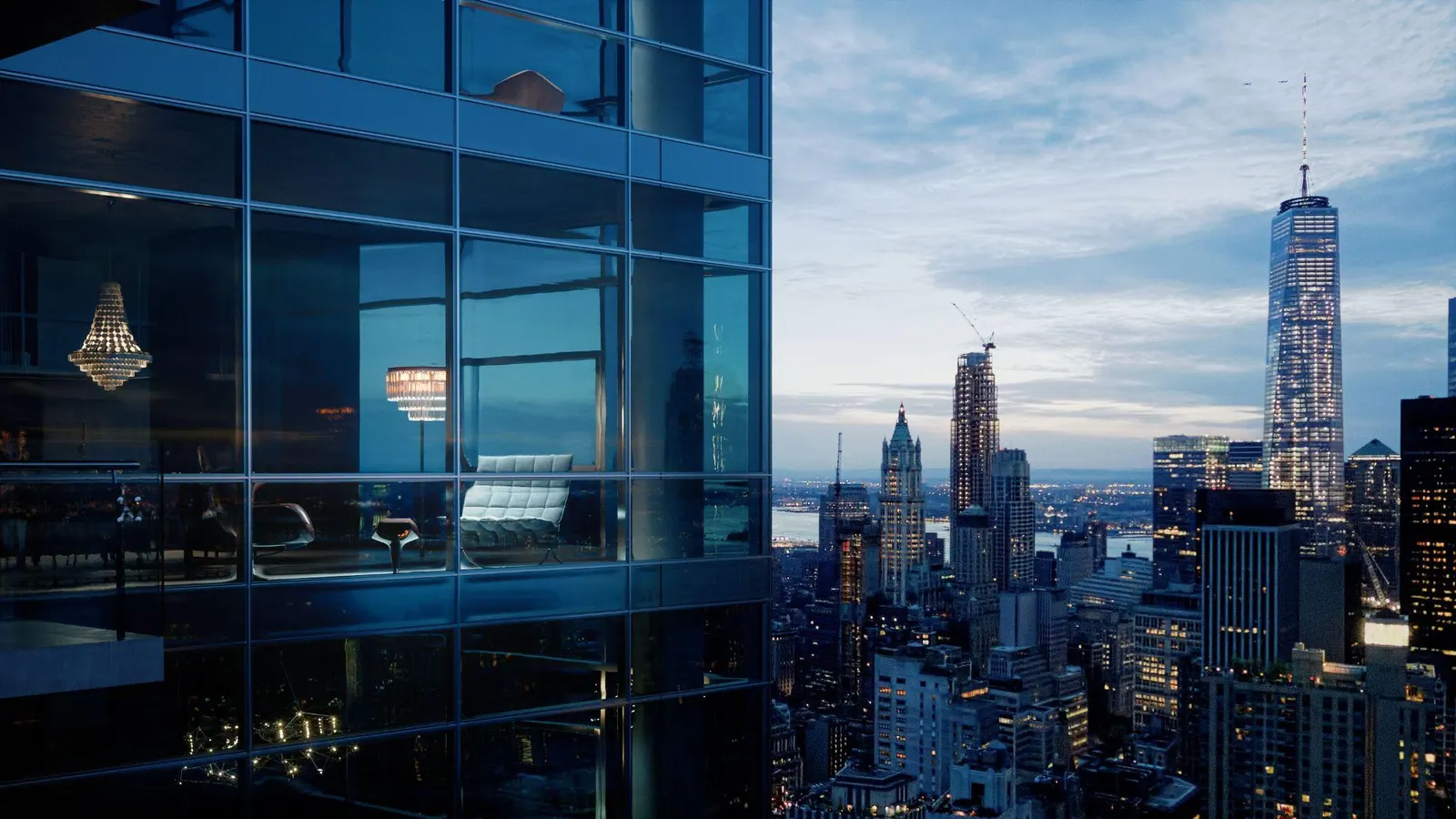 A penthouse looking out over Lower Manhattan at dusk