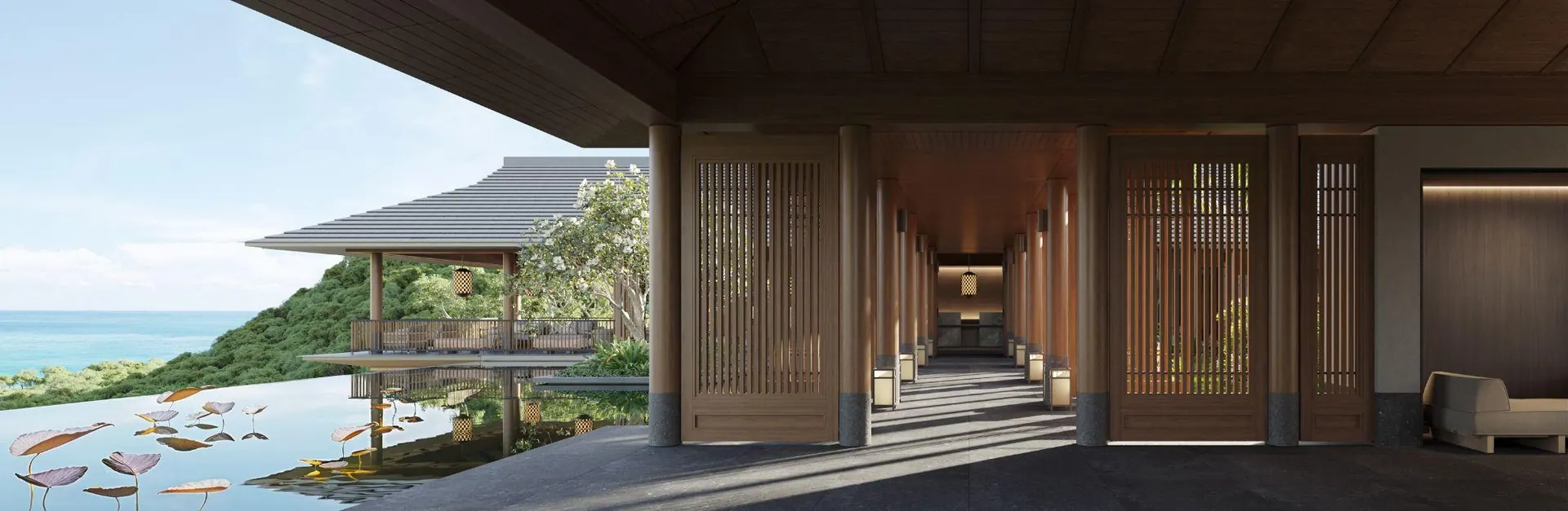 A timber pavilion and colonnade above a reflecting pool