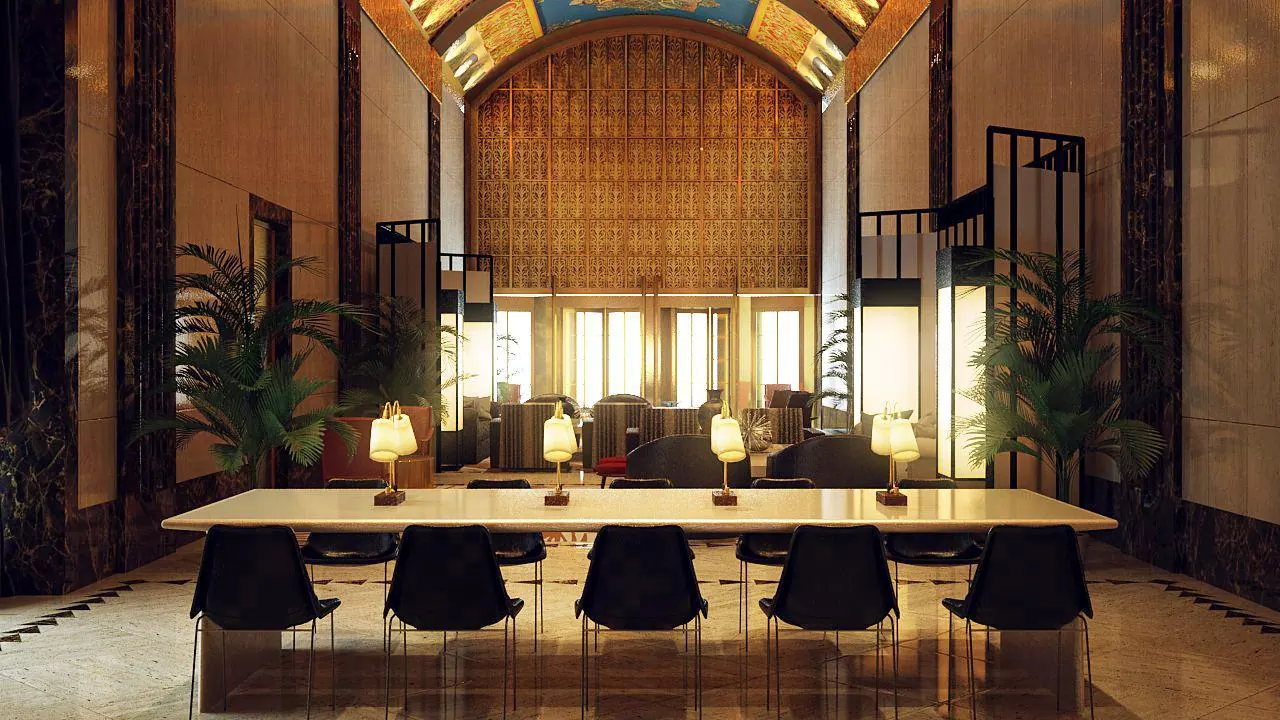 A long dining table beneath a gilded arch in the residents’ lounge