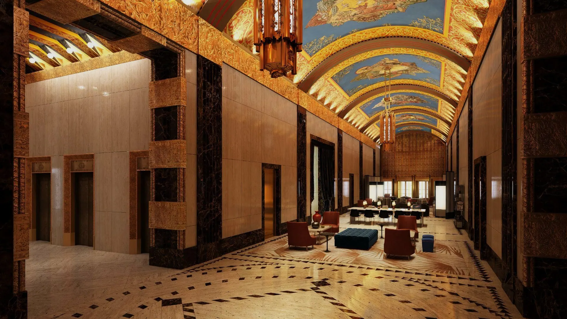 The vaulted Art Deco lobby of 100 Barclay with its painted ceiling