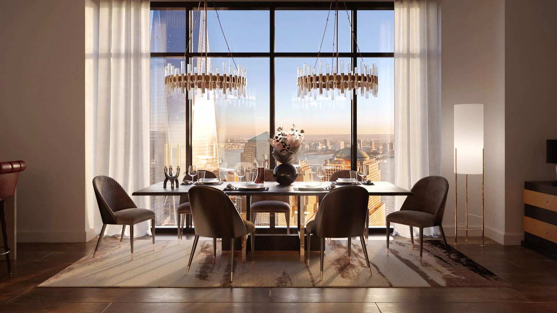 Dining room under two crystal chandeliers, the city beyond the glass