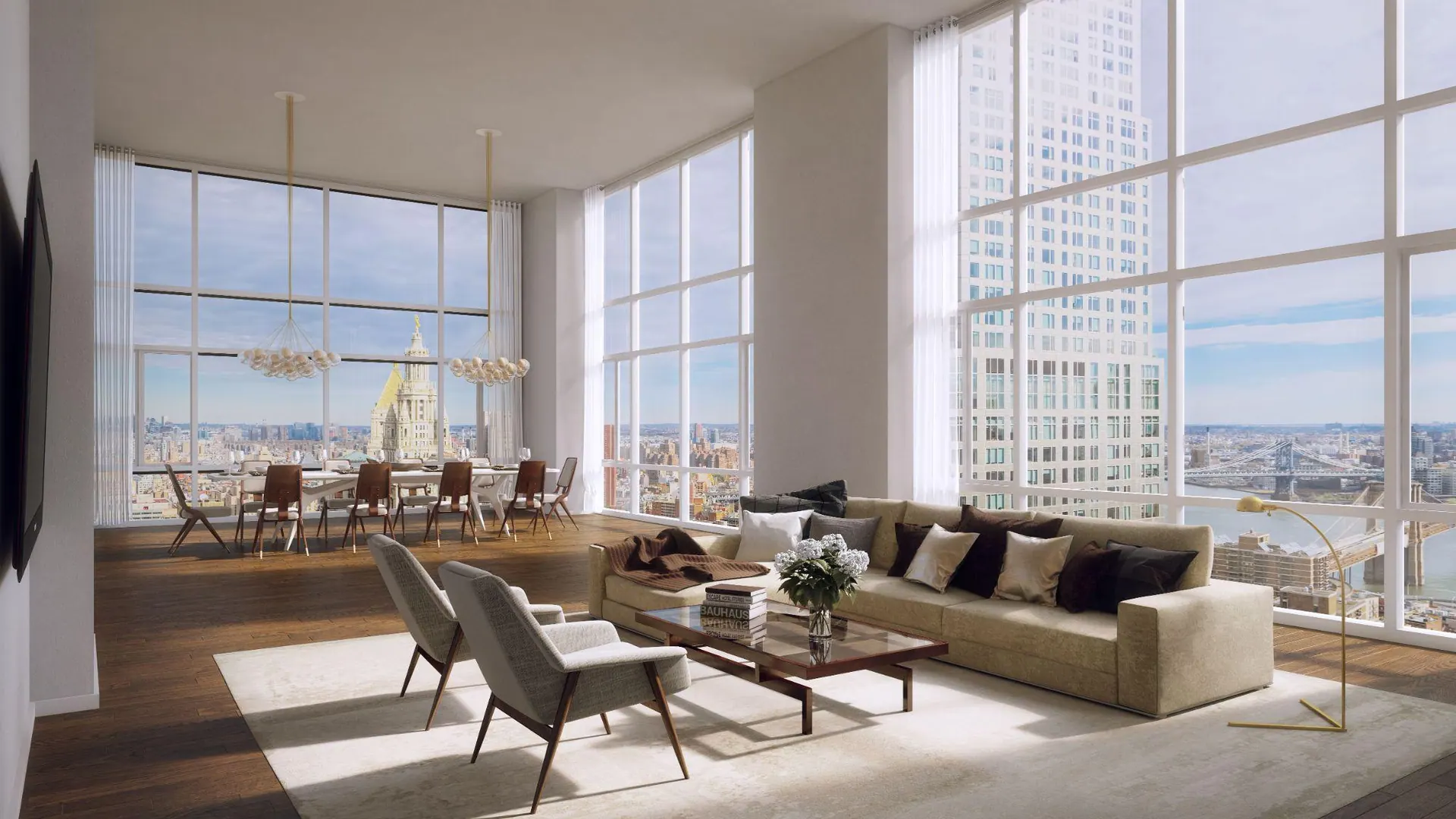 The Beekman: double-height living room with views over Lower Manhattan