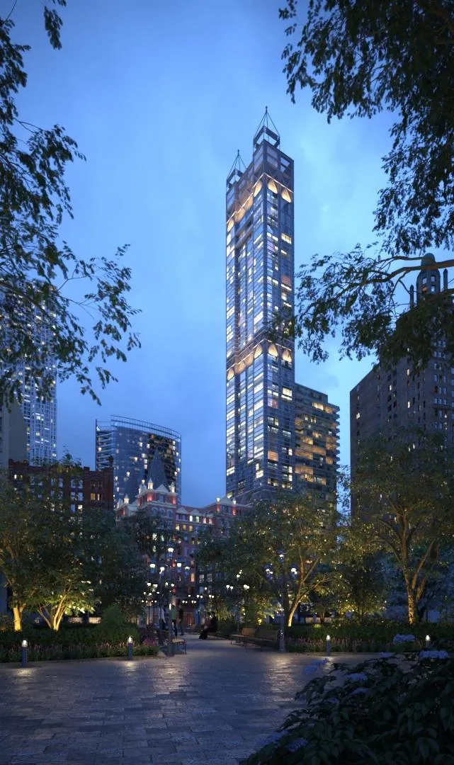 The Beekman tower at dusk above the trees of a Lower Manhattan plaza