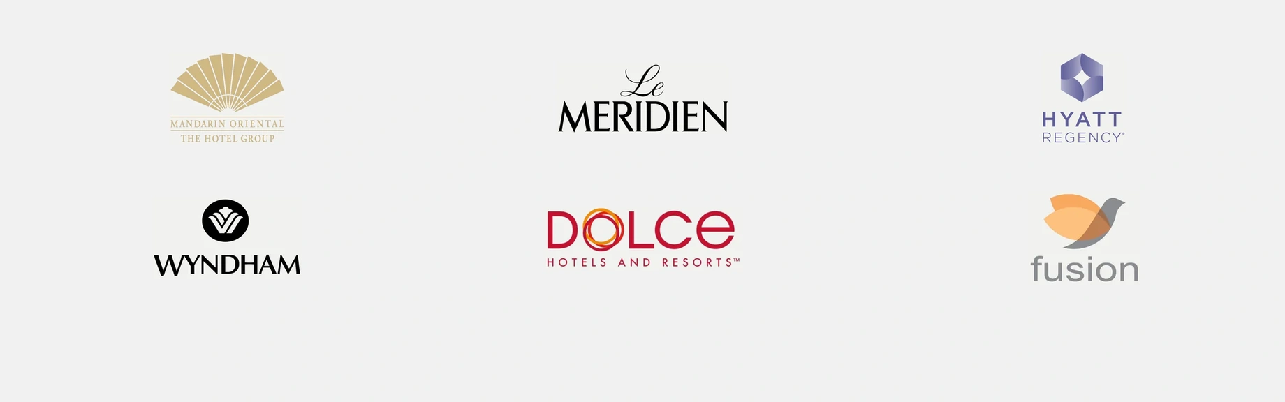 Brand logos: Mandarin Oriental, Le Méridien, Hyatt Regency, Wyndham, Dolce Hotels and Resorts, Fusion