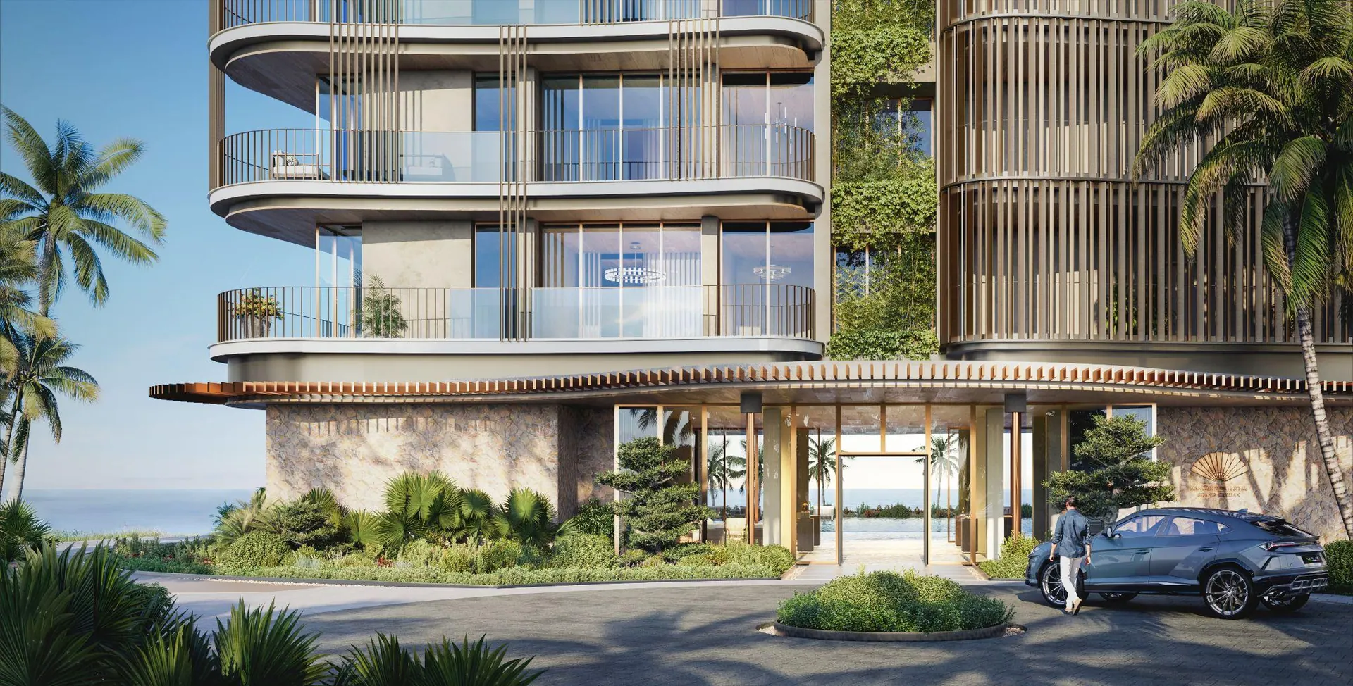 The arrival court with timber screens and curved balconies