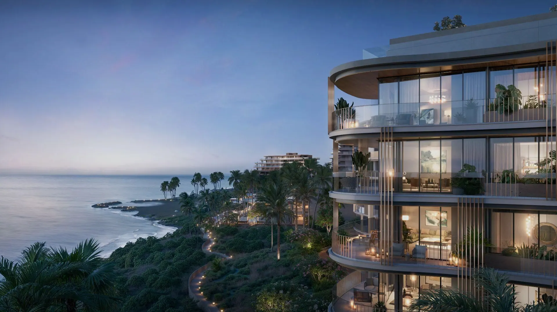 The Residences at Mandarin Oriental, Grand Cayman, at dusk on the cliff edge