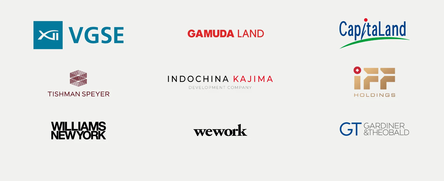 Client logos: VGSE, Gamuda Land, CapitaLand, Tishman Speyer, Indochina Kajima, IFF Holdings, Williams New York, WeWork, Gardiner & Theobald