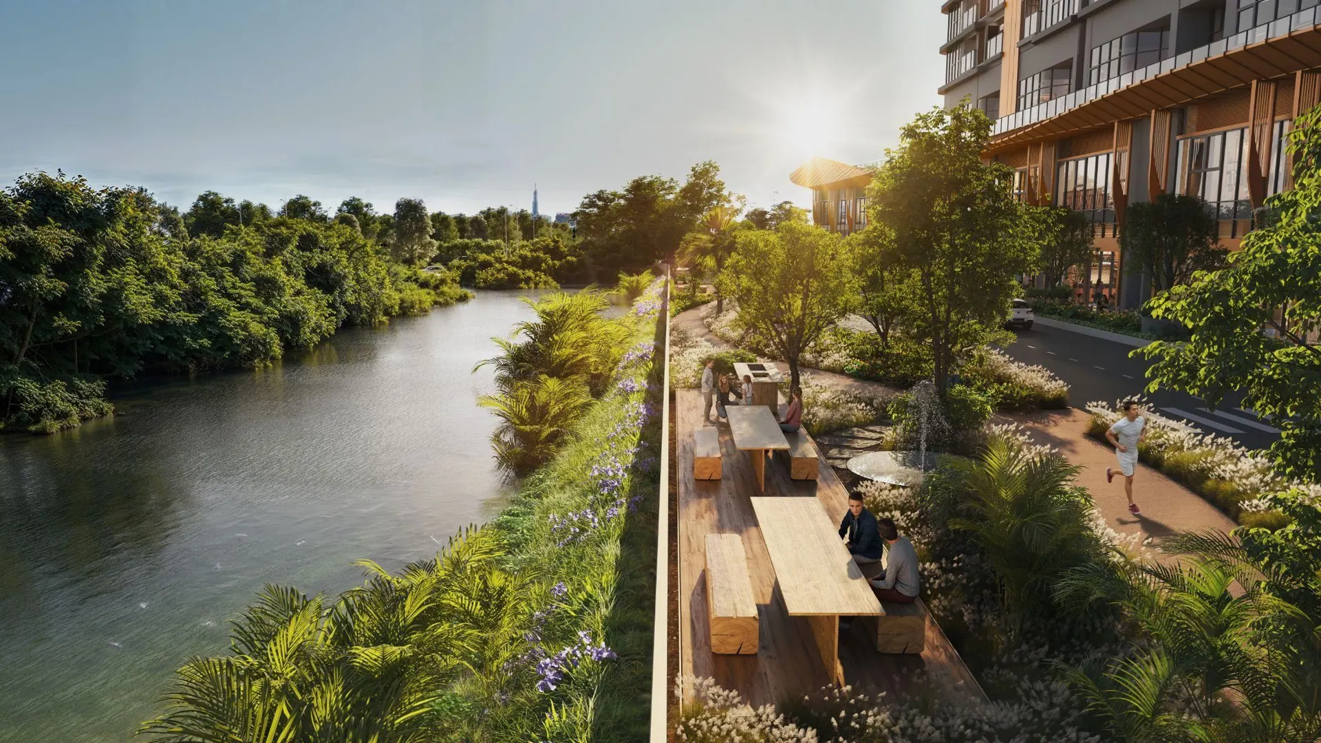 A shaded boardwalk along the canal