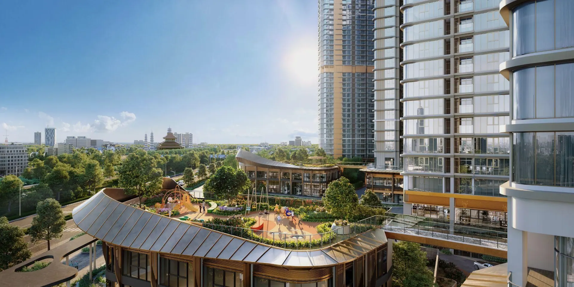 Rooftop gardens over the podium with the towers beyond
