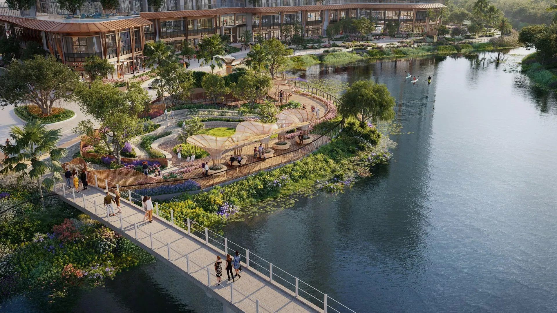 The landscaped canal park and footbridge from above