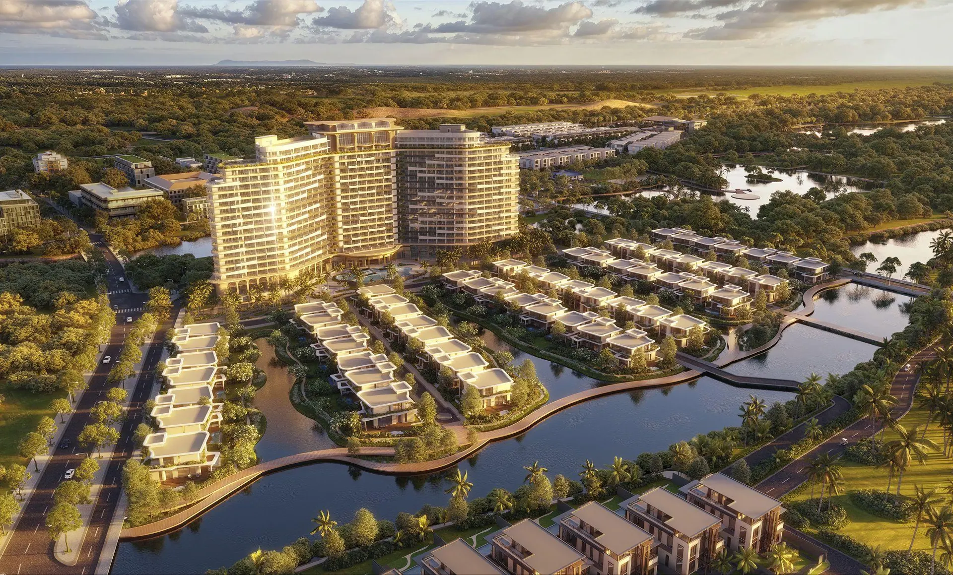 Hotel towers and villas among lakes and forest