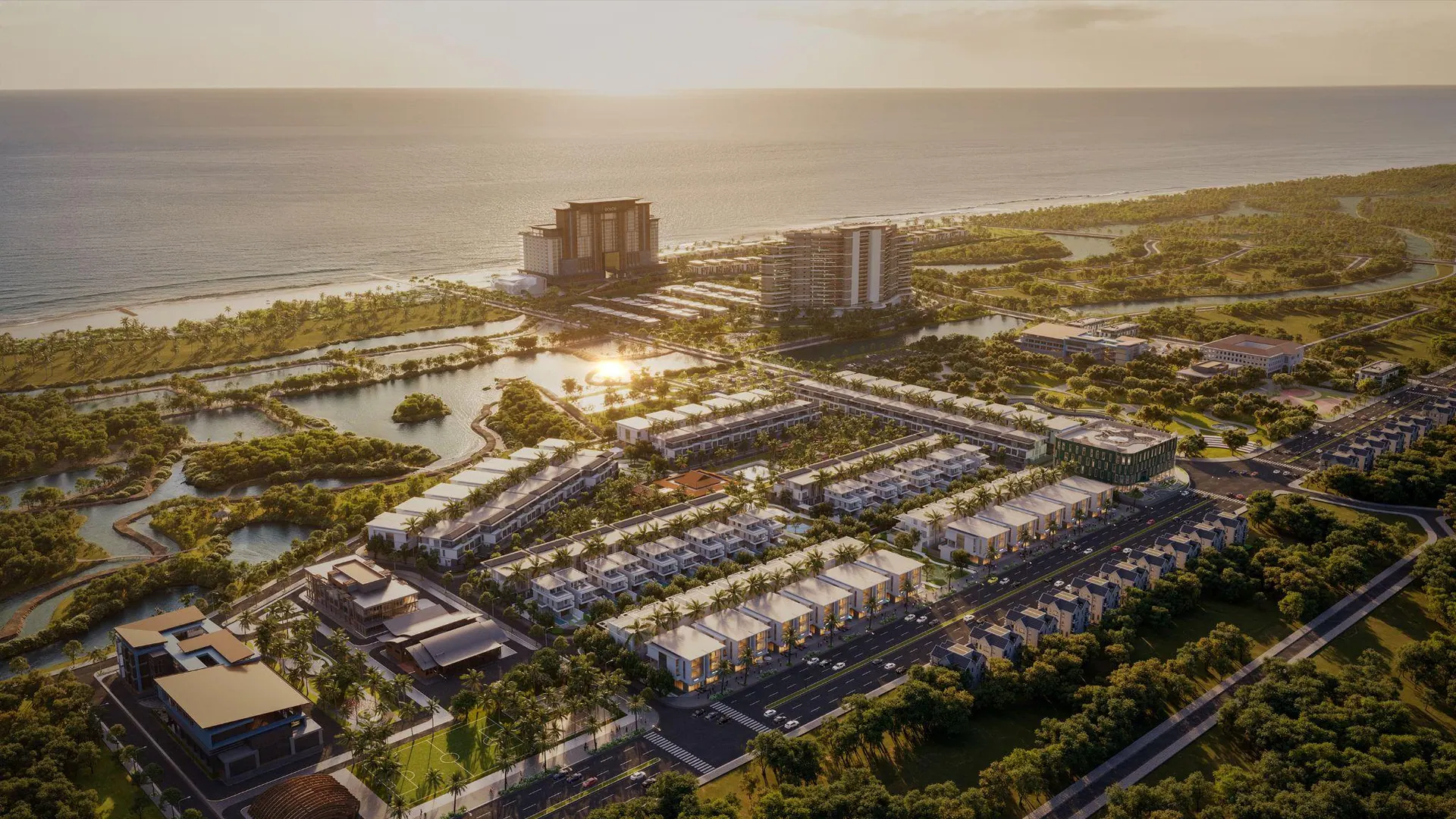The resort and villas at sunset by the sea