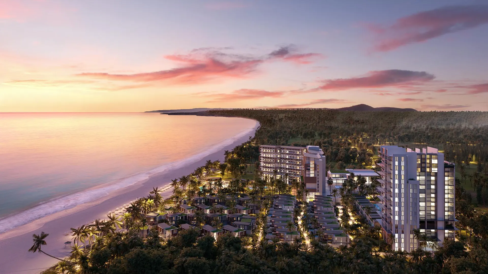 The resort and coastline from the air at sunset