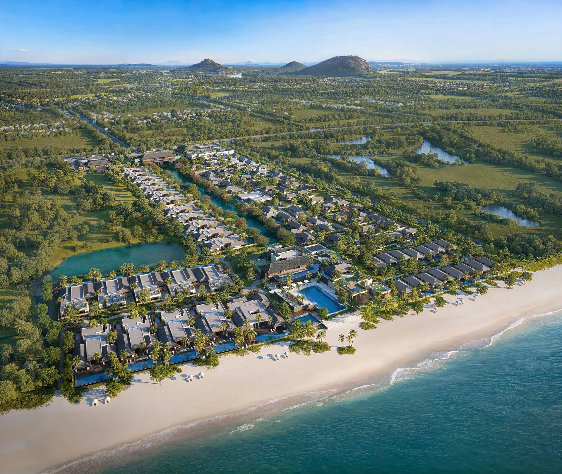 Villas, lagoons and beach from above