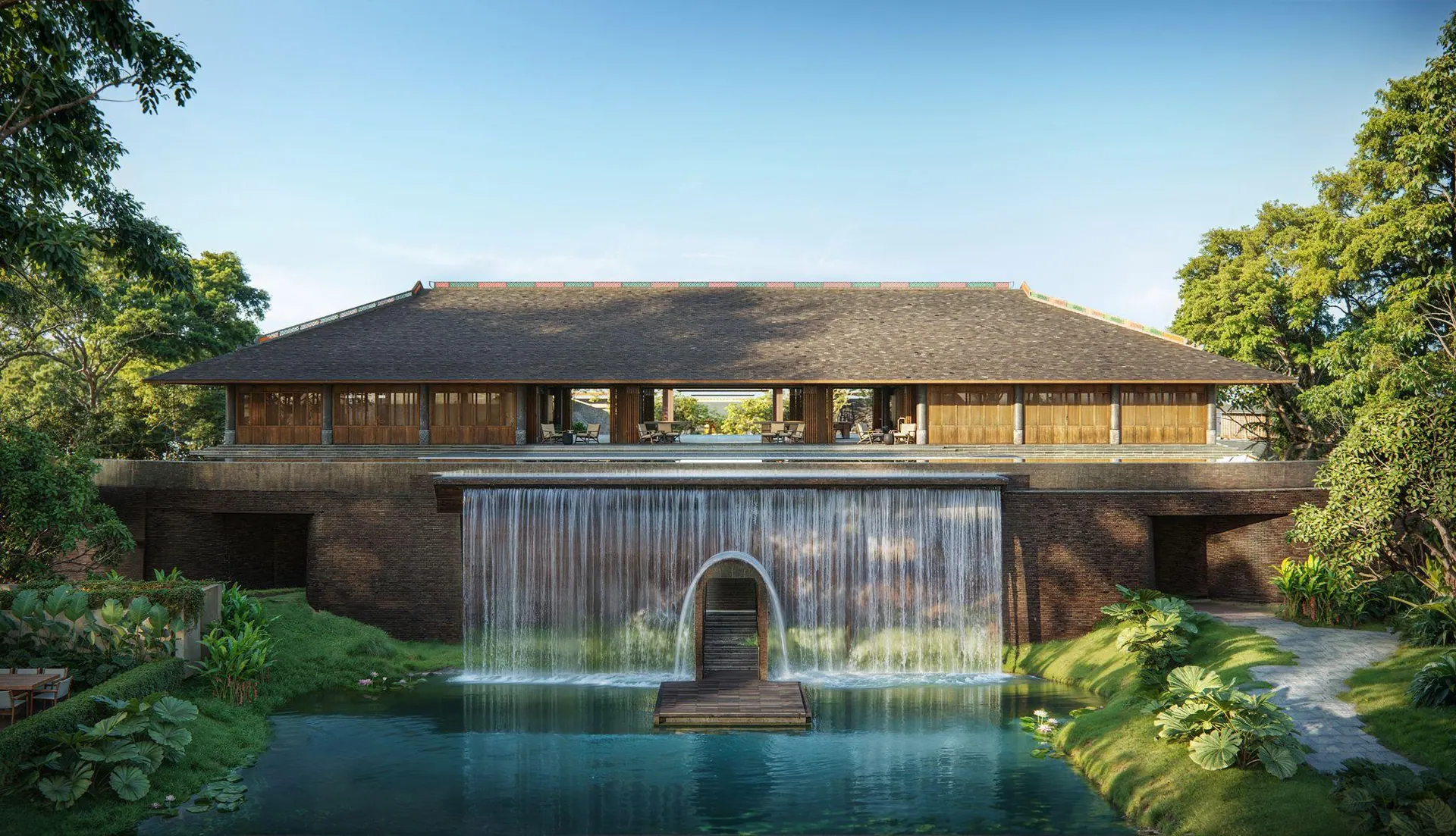 A pavilion with a waterfall pouring into a forest pool