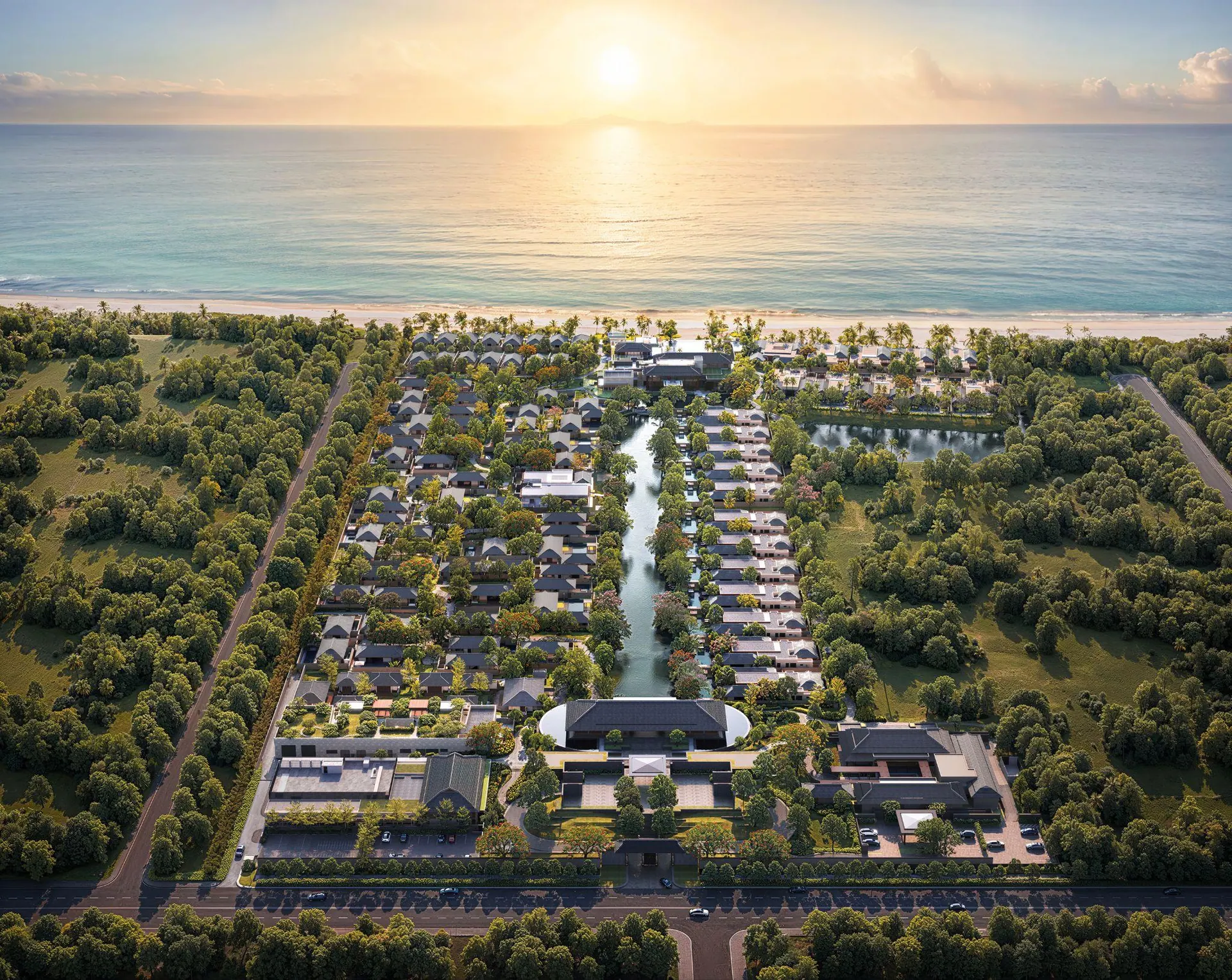 The resort from above at sunrise over the sea