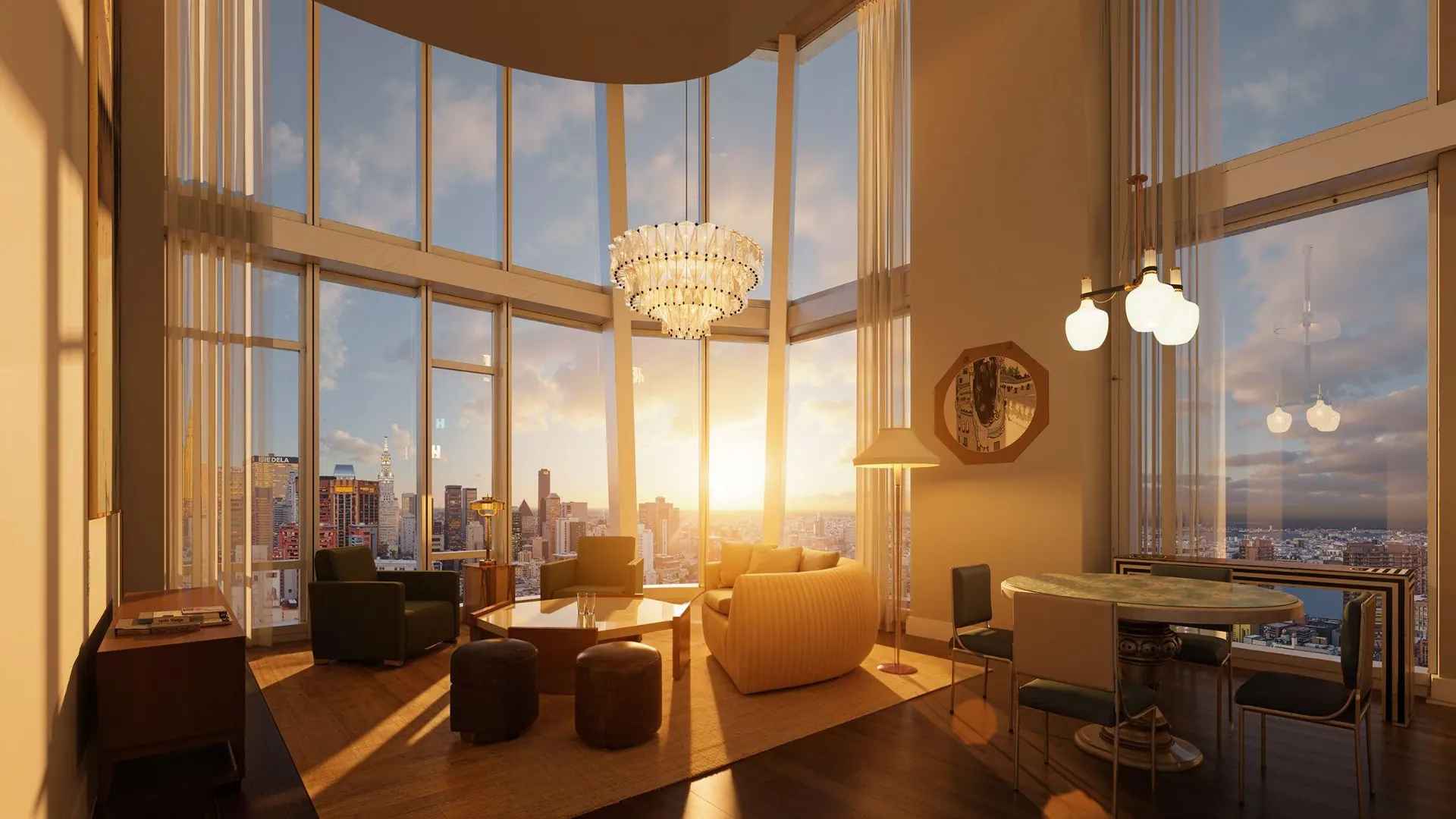 Madison Square Park Tower: a double-height living room in golden evening light
