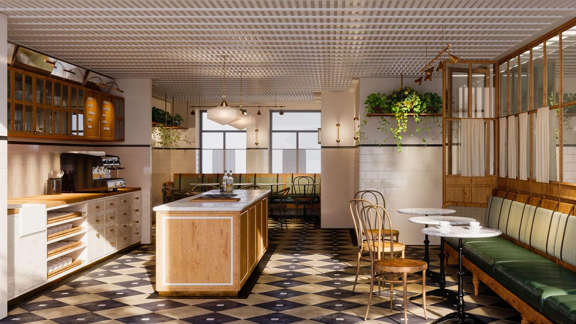 The hotel kitchen and dining room with a chequered floor