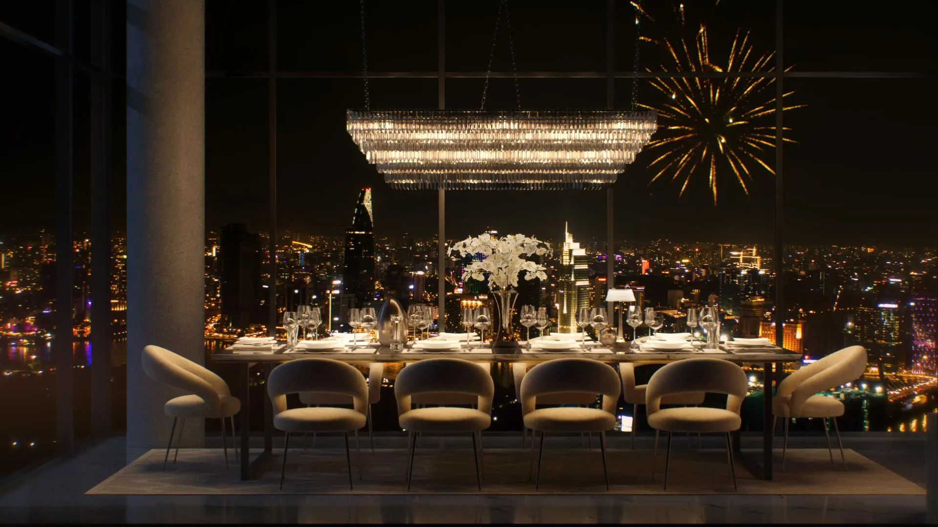 A dining table set for a celebration, fireworks over the city