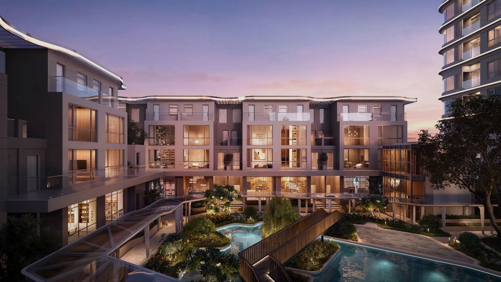 Thu Thiem Zeit River low-rise residences around a garden pool at dusk