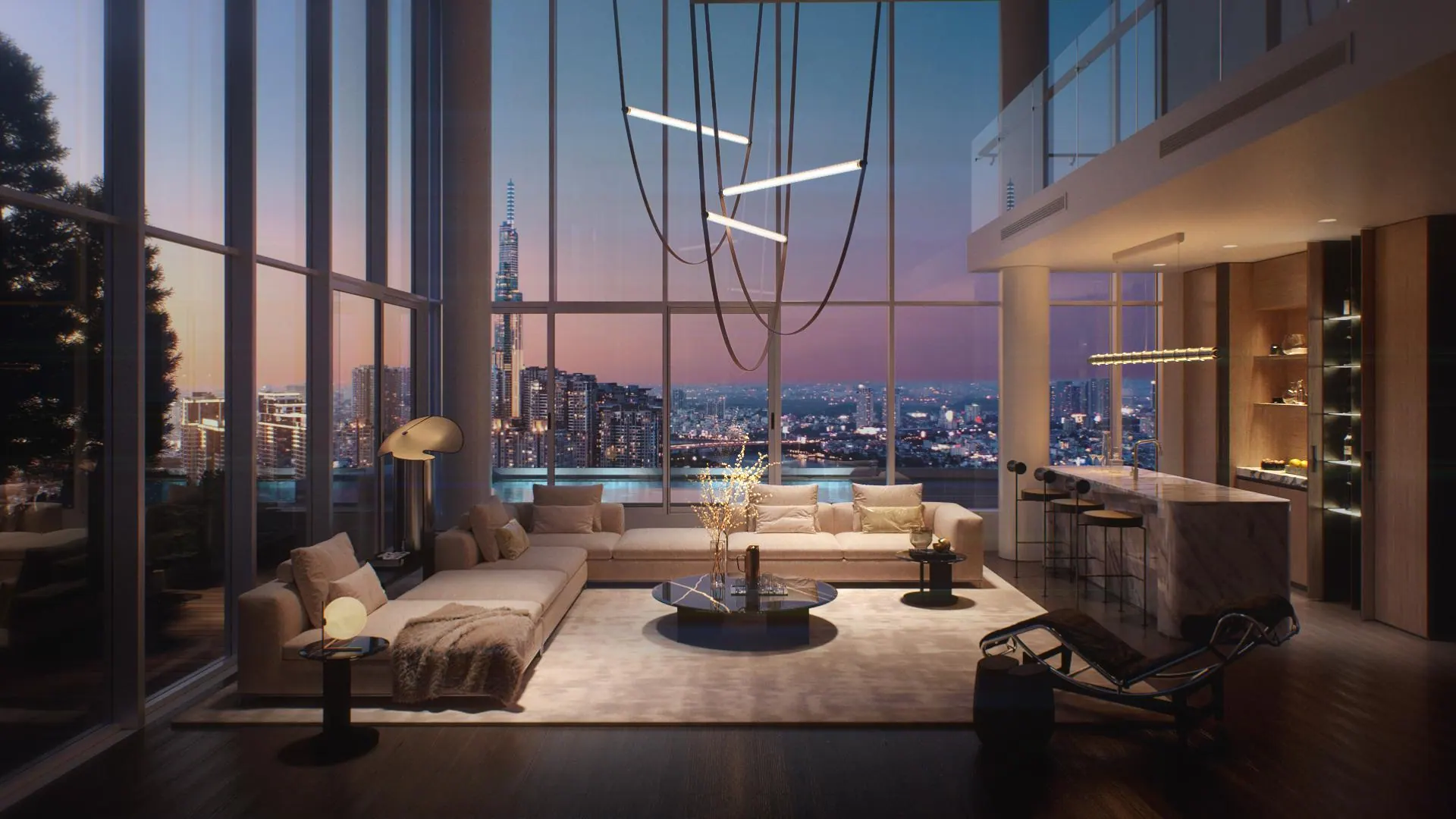 A double-height living room overlooking the city at dusk