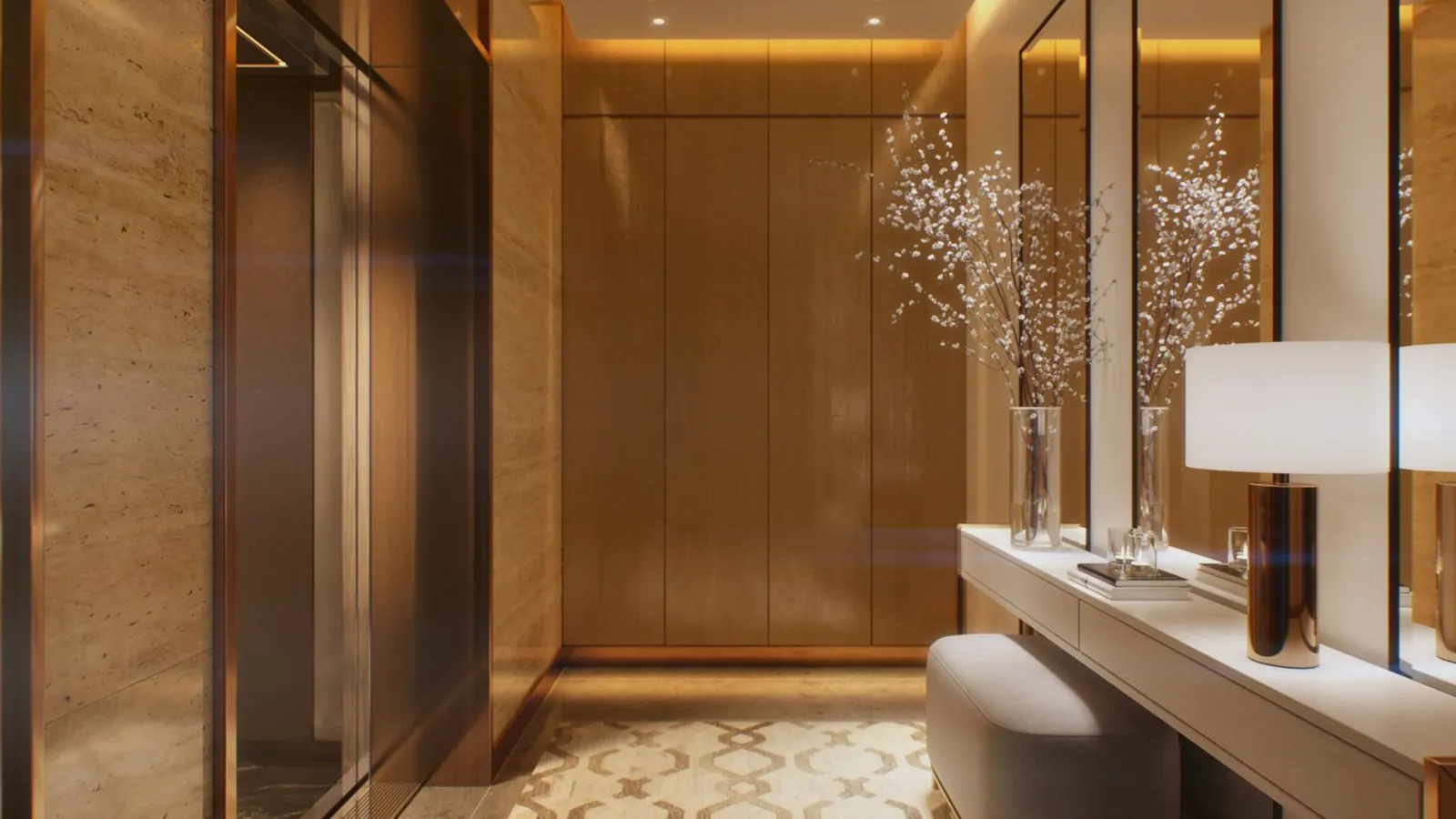 A residence entry finished in travertine and gold